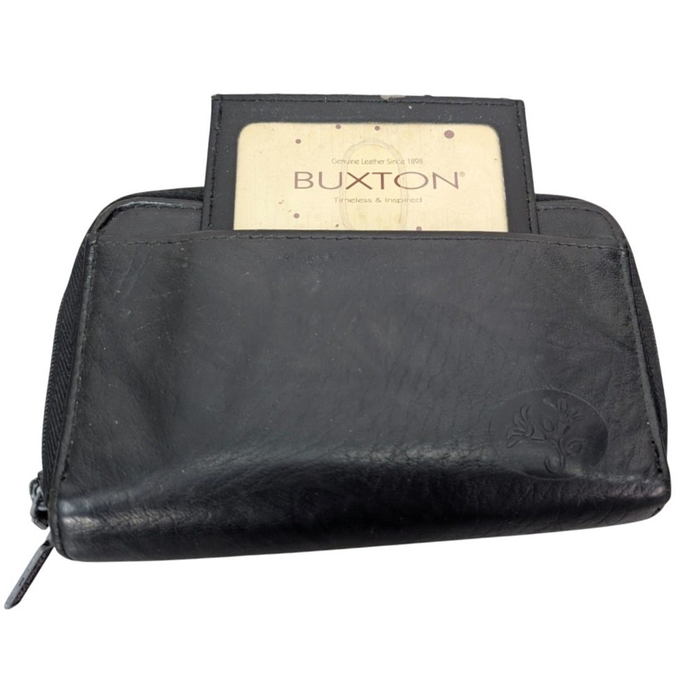 Vintage Buxton Card Cash Coin Organizer Wallet Womens Black Leather Zip‎ Around